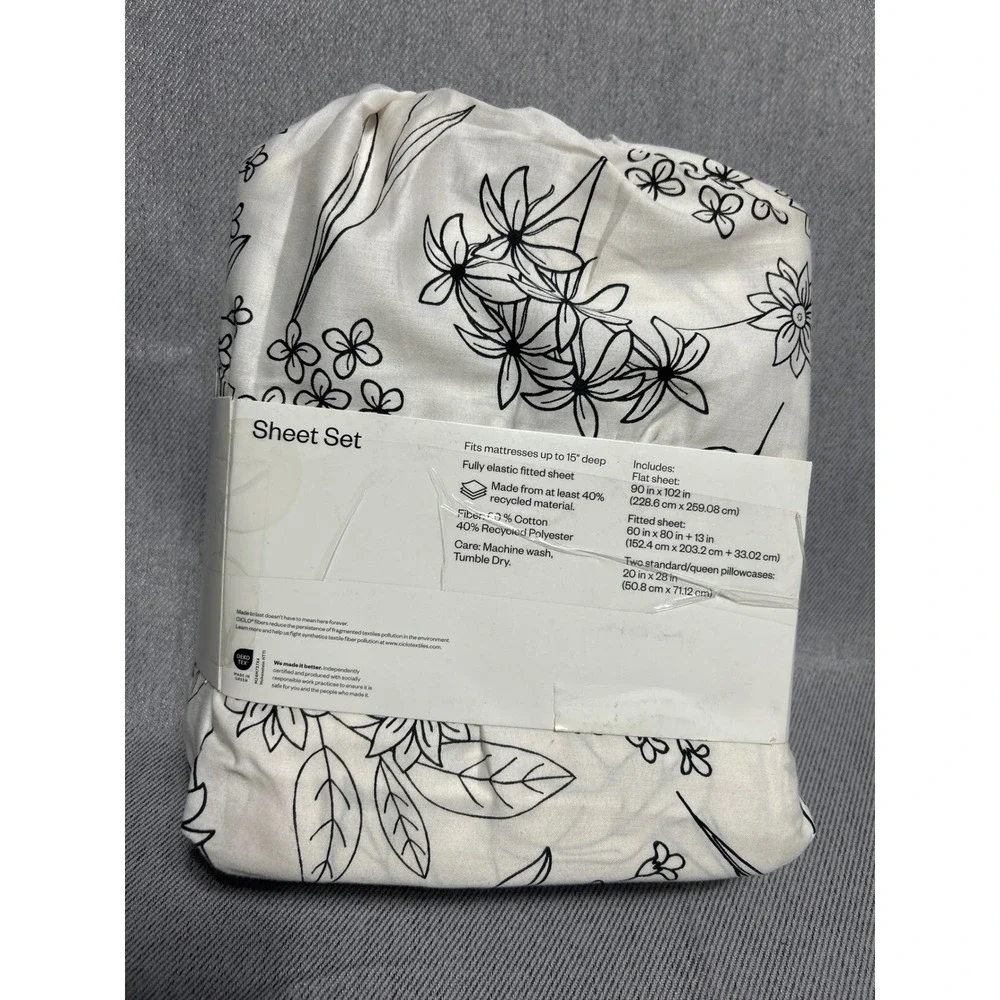 Room Essentials Queen Sheet Set White Black Floral Cotton Blend Sateen 4pc